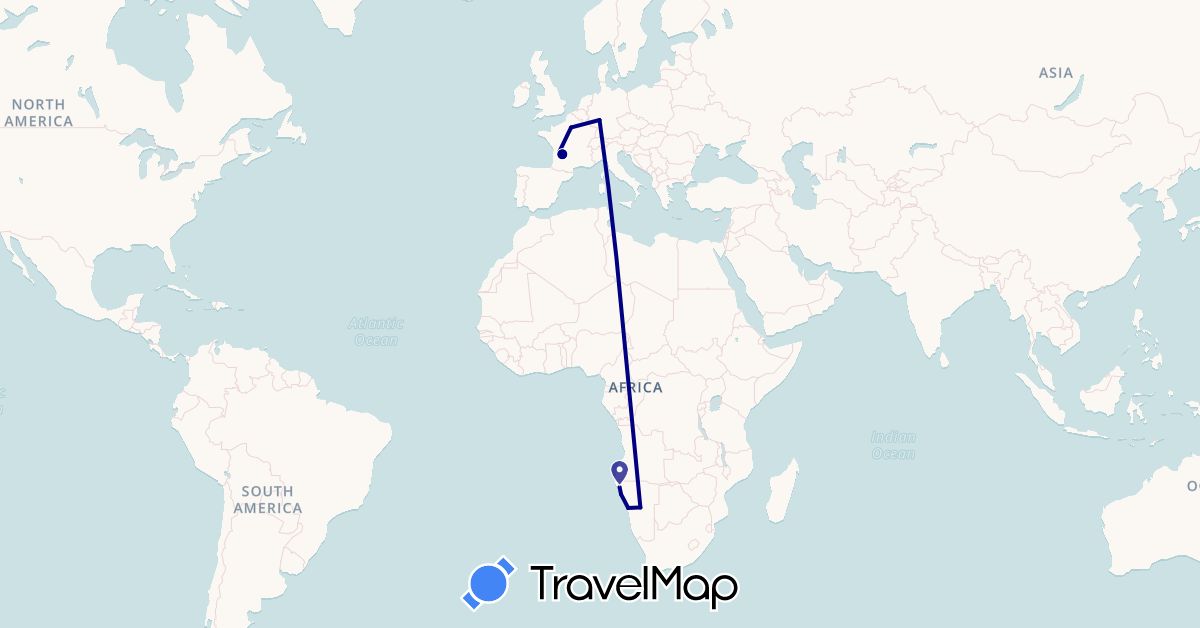 TravelMap itinerary: driving in Germany, France, Namibia (Africa, Europe)